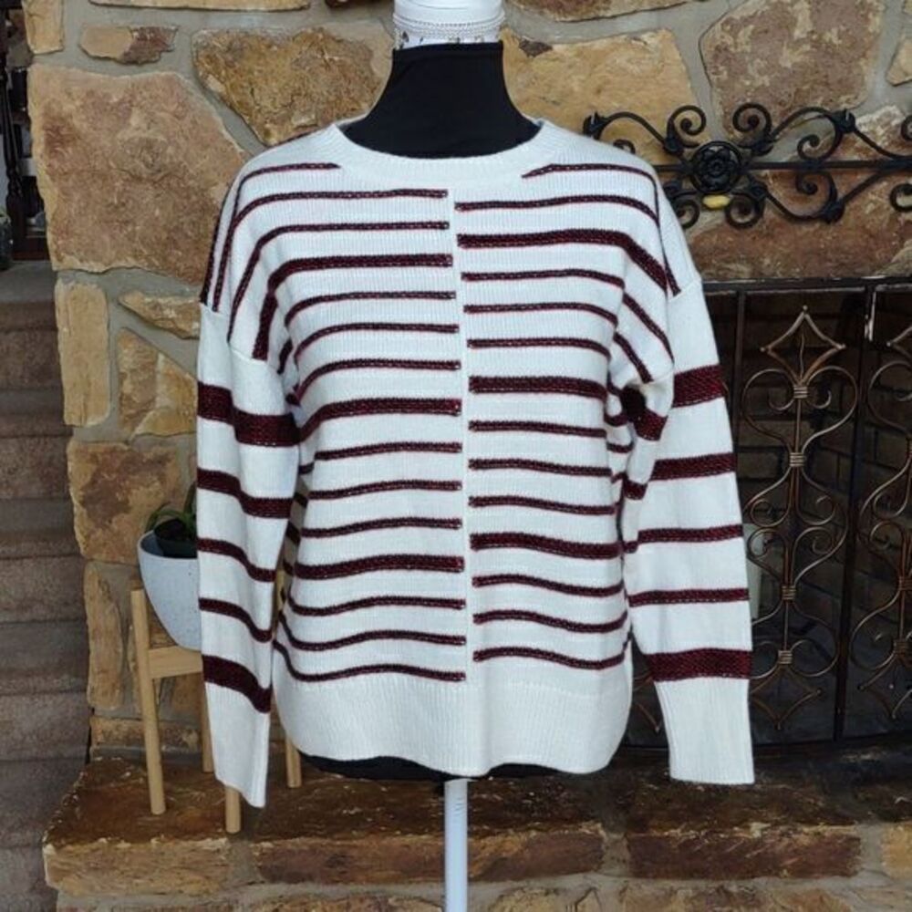 Lucky Brand White Knit Textured Stripe Crew Neck Sweater‎ Sz S